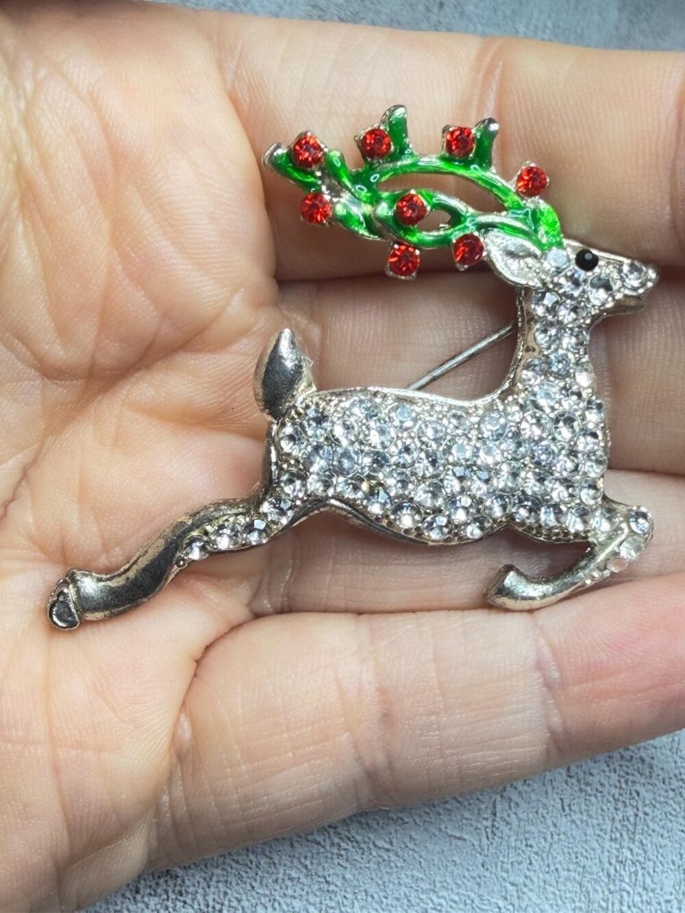 Reindeer Rhinestone Silver Tone Brooch Christmas Enamel Antlers 2.5 inches